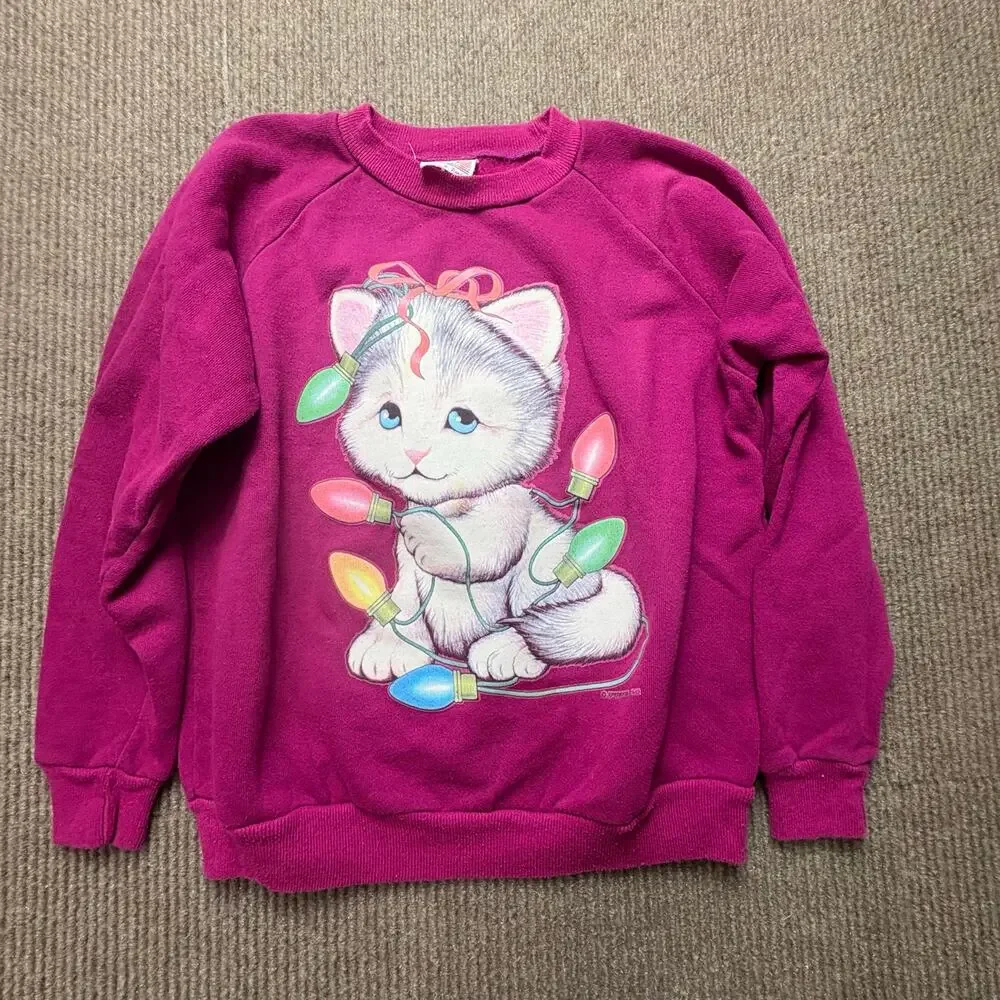 Vintage Cat Kitty Cute Girls Christmas Sweatshirt Pink Size Large 80s 90s